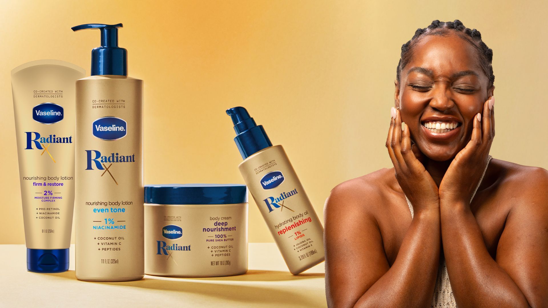 Imagem de campanha para Vaseline Radiant X, mostra mulher negra rindo e quatro produtos em embalagens douradas e azuis, com loções e óleo corporais.
