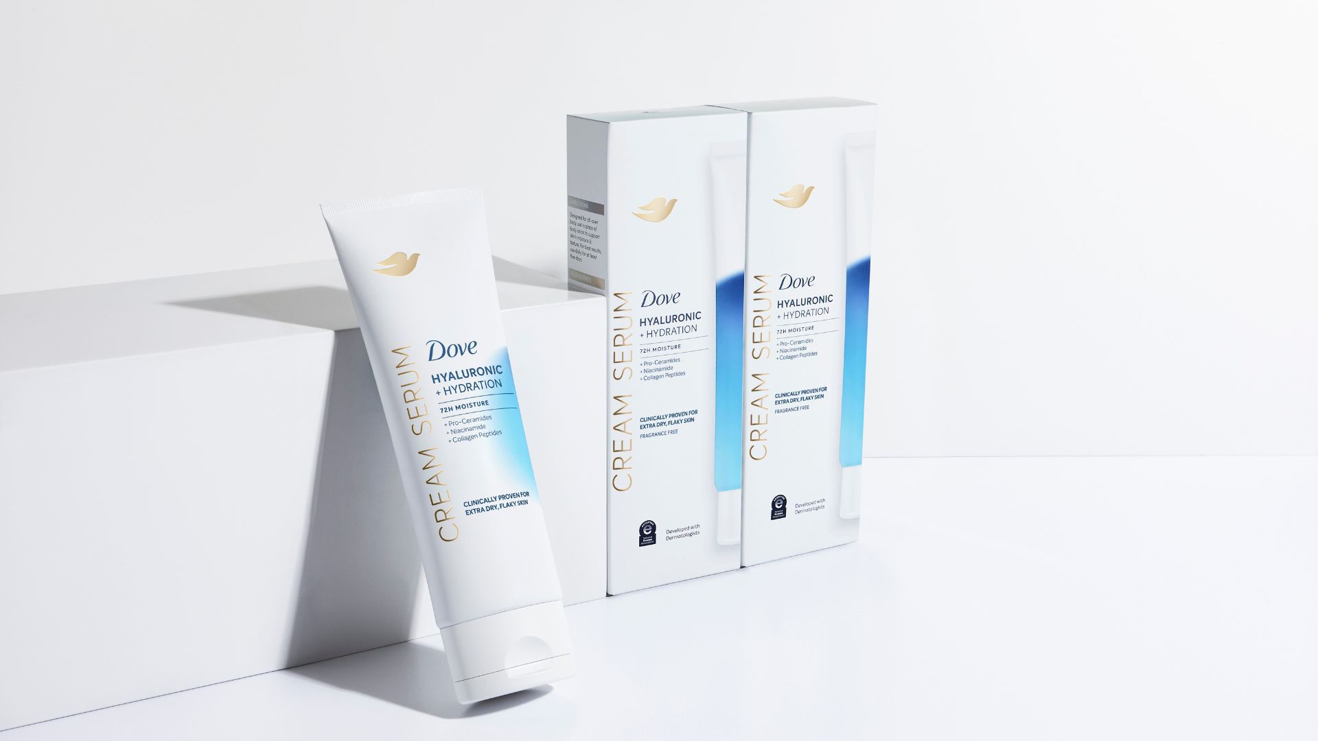 Dove Hialurônico+ Creme Serum Hidratante, que contém pró-ceramidas, niacinamida e peptídeos de colágeno. Embalagem branca, azul e dourada.