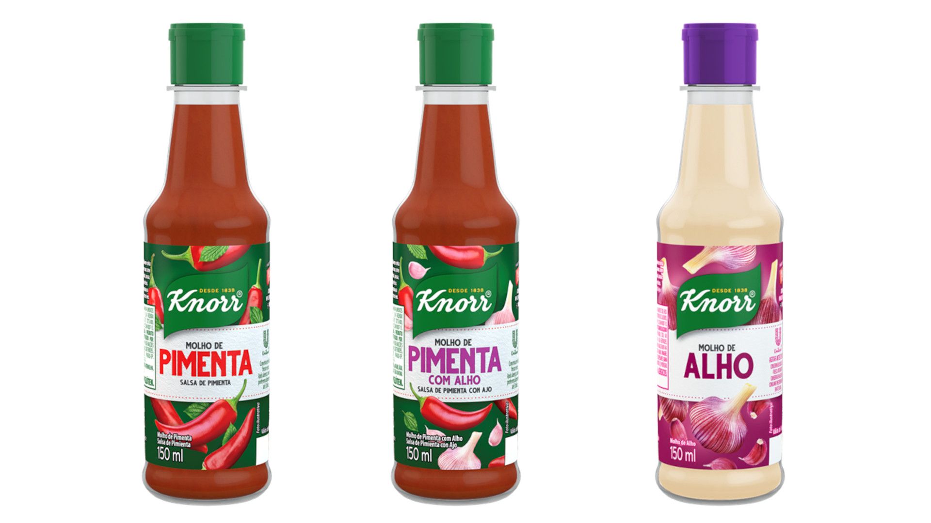 Três frascos de molho Knorr sobre um fundo branco. Molho de pimenta vermelha, molho de pimenta vermelha com alho, e molho de alho.