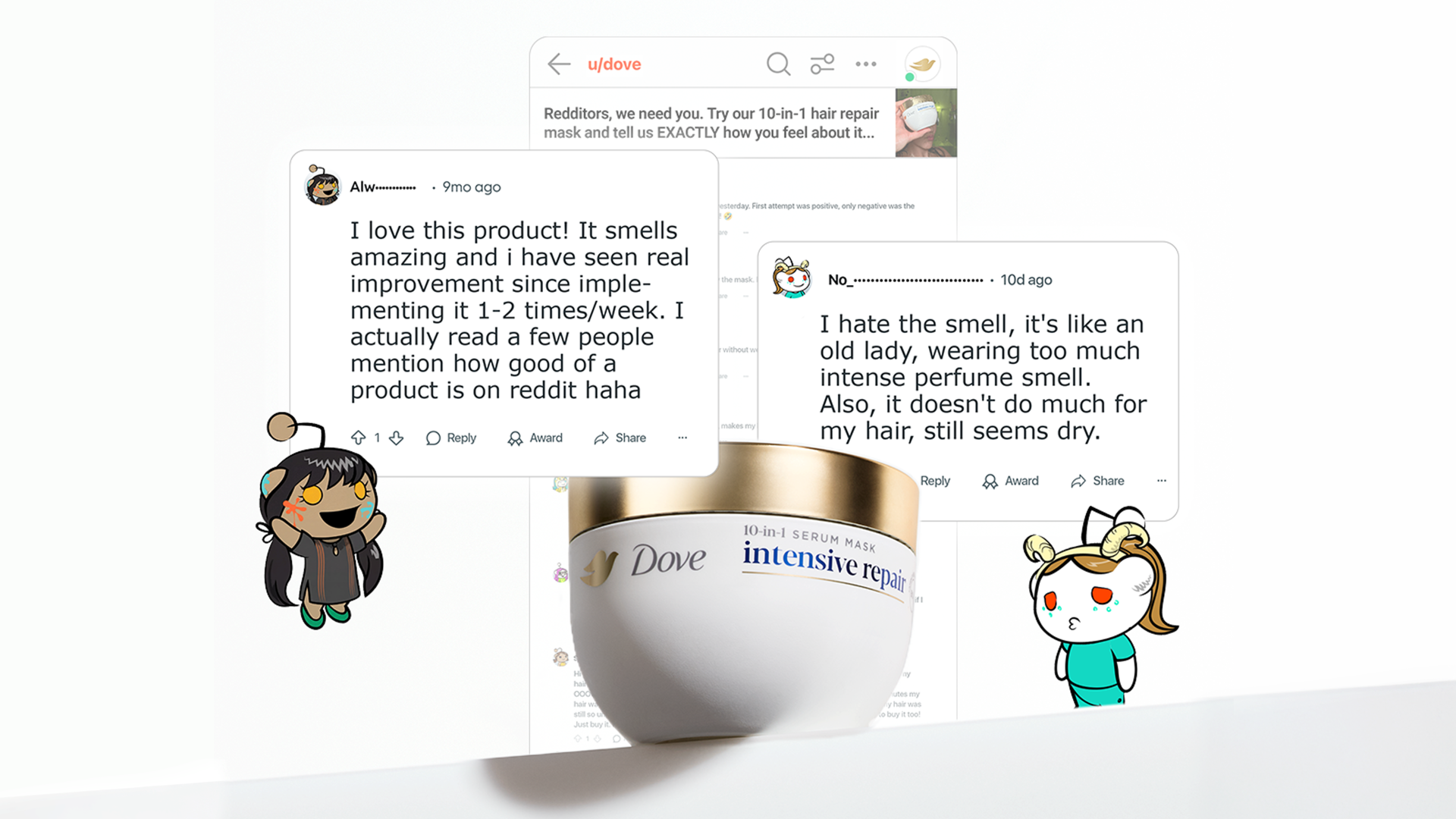 Um pote branco e dourado da Máscara Capilar Dove Intensive Repair. Duas avaliações do Reddit (uma positiva e uma negativa) e dois Snoovatars.