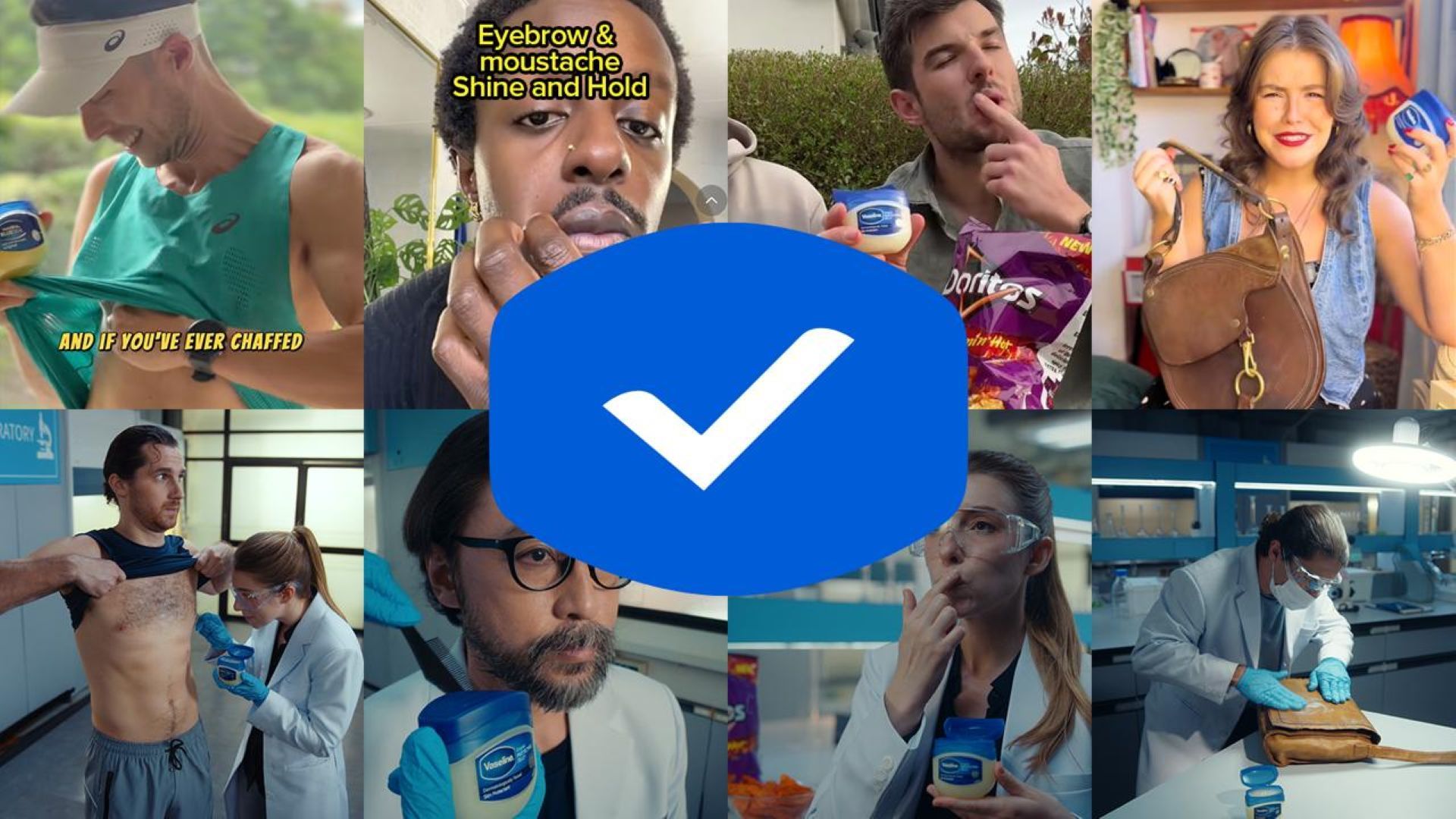 Imagem da campanha Vaseline Verified, mostrando pessoas experimentando as dicas com vaselina e cientistas da Unilever testando essas dicas em laboratório.