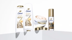 Quatro produtos da gama Bond Strength da Dove com avançadas tecnologias de fortalecimento de ligações para a reparação de danos capilares extremos.