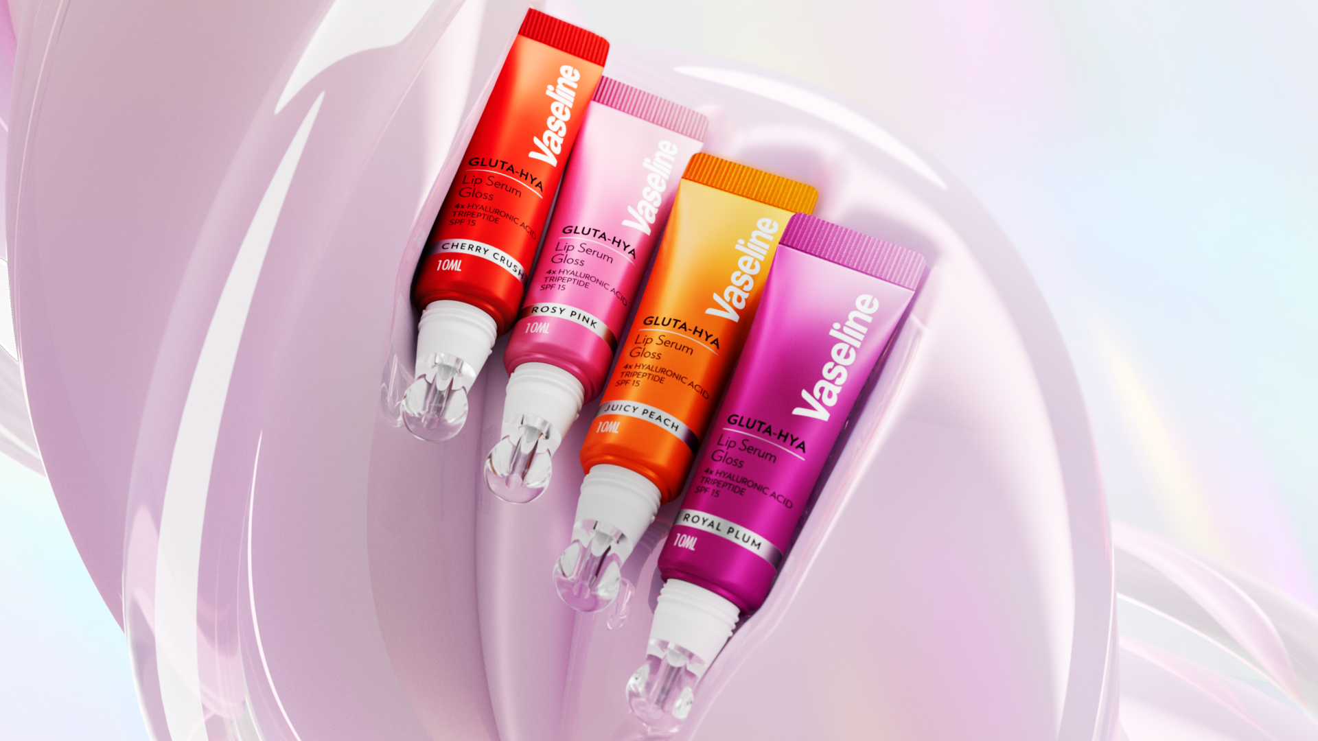 Quatro tubos de sérum labial Vaseline Gluta Hya nas versões cherry crush, rosy pink, juicy peach e royal plum sobre fundo rosa brilhante abstrato.