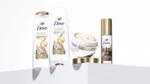 Quatro produtos da gama Bond Strength da Dove com avançadas tecnologias de fortalecimento de ligações para a reparação de danos capilares extremos.