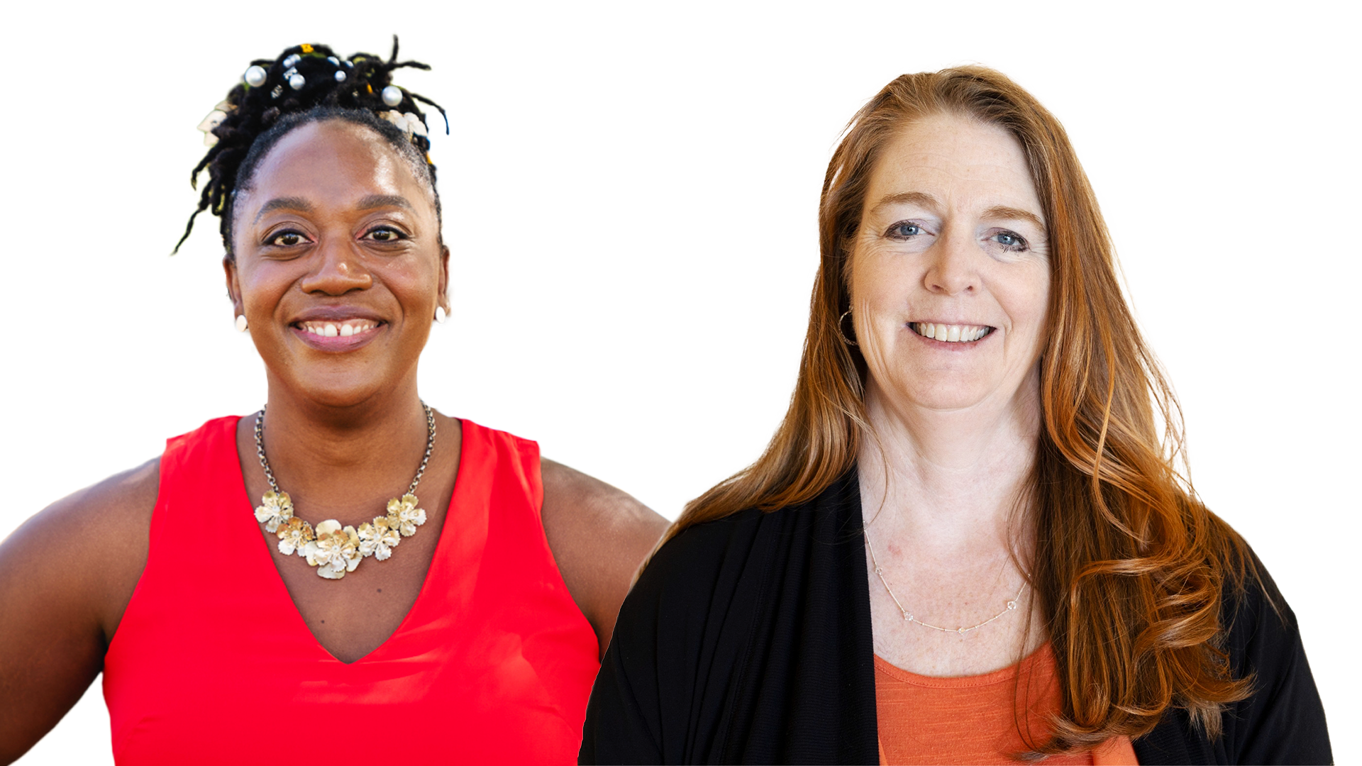 Tiffany Yizar - mulher negra de blusa vermelha. Dra. Sam Samaras é uma mulher branca e com cabelos longos ruivos. Ambas estão sorrindo e olhando para a câmera.