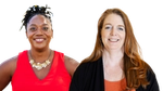 Tiffany Yizar - mulher negra de blusa vermelha. Dra. Sam Samaras é uma mulher branca e com cabelos longos ruivos. Ambas estão sorrindo e olhando para a câmera.