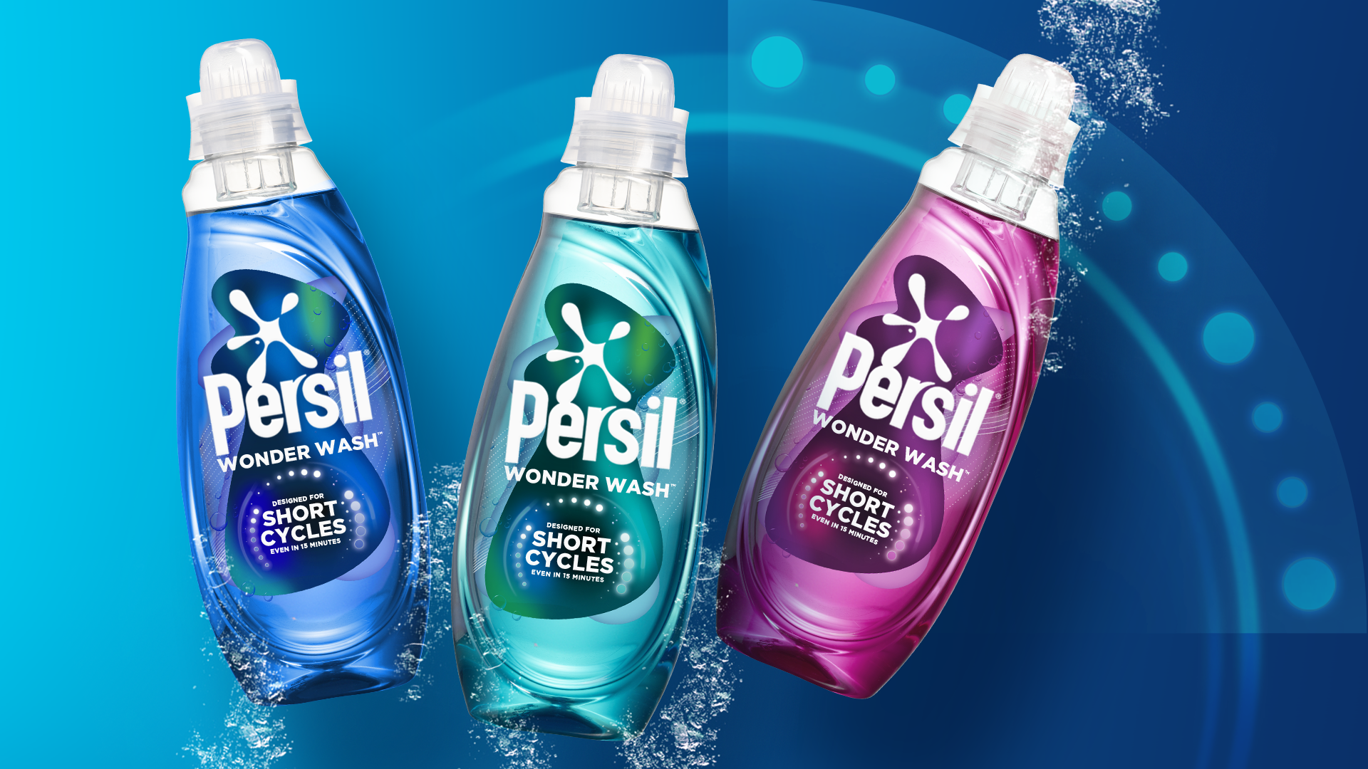 Um frasco azul, turquesa e rosa de Persil Wonder Wash sobre um fundo azul-petróleo.