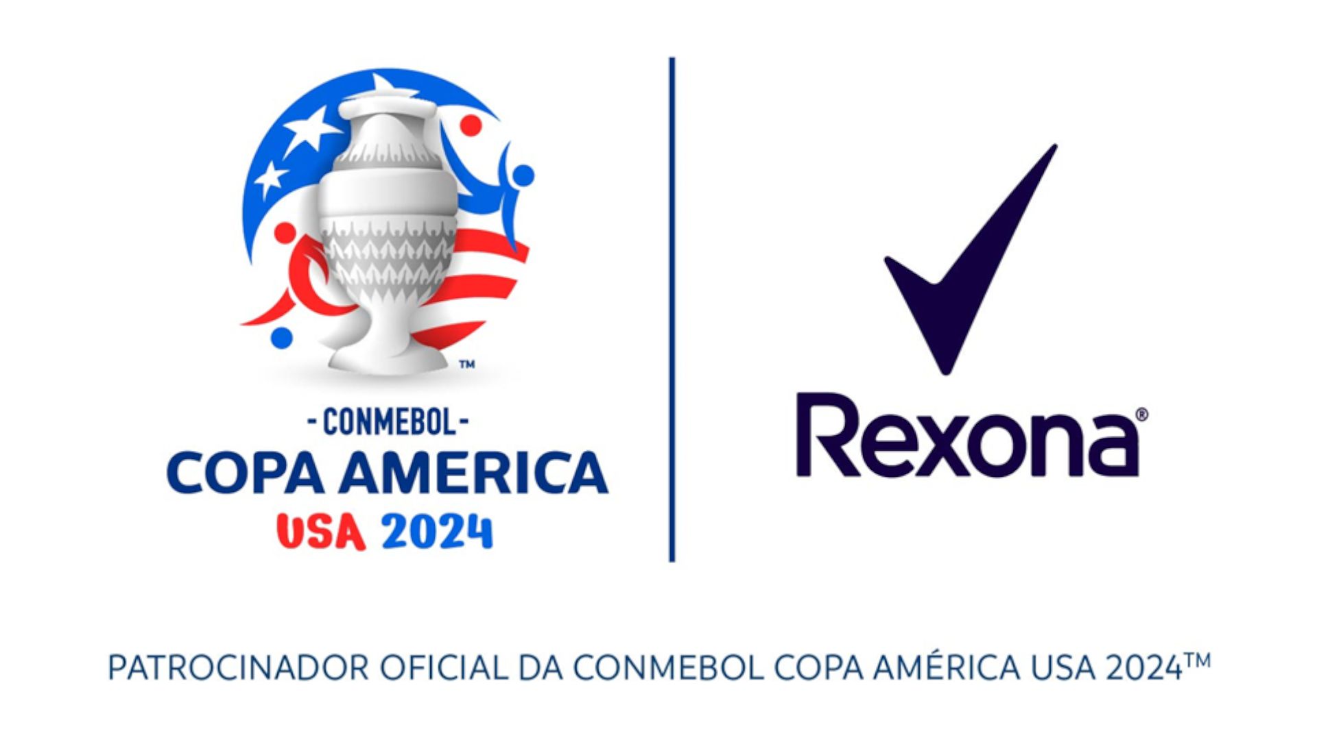 símbolo Copa America USA 2024 em branco e azul. do lado, o logo da marca Rexona em azul. 