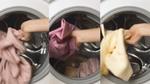 Três close-ups de roupas sendo colocadas em uma máquina de lavar.