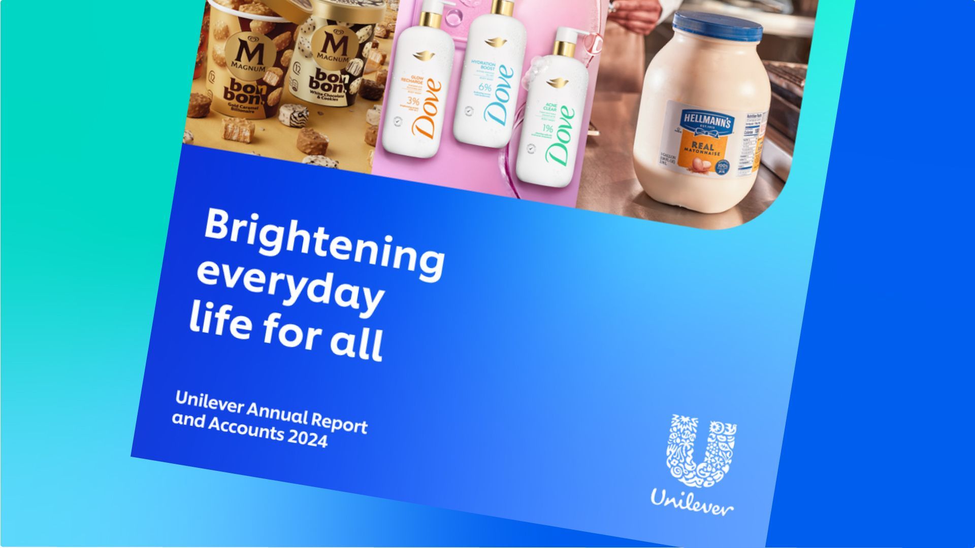 A capa do Relatório Anual e Contas de 2024 da Unilever mostrando imagens de marca da Magnum, Dove e Hellmann’s