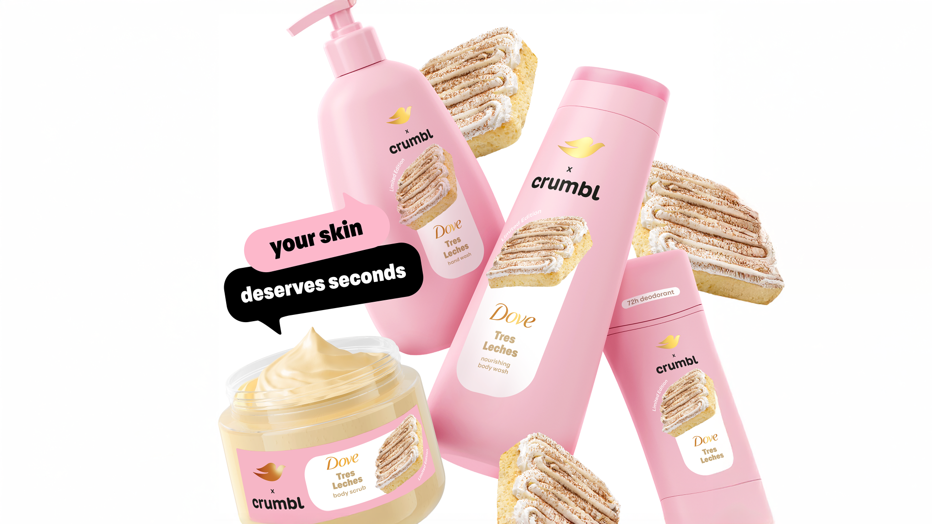 Produtos da linha de edição limitada Dove x Crumbl Tres Leches em embalagens rosa vibrantes.